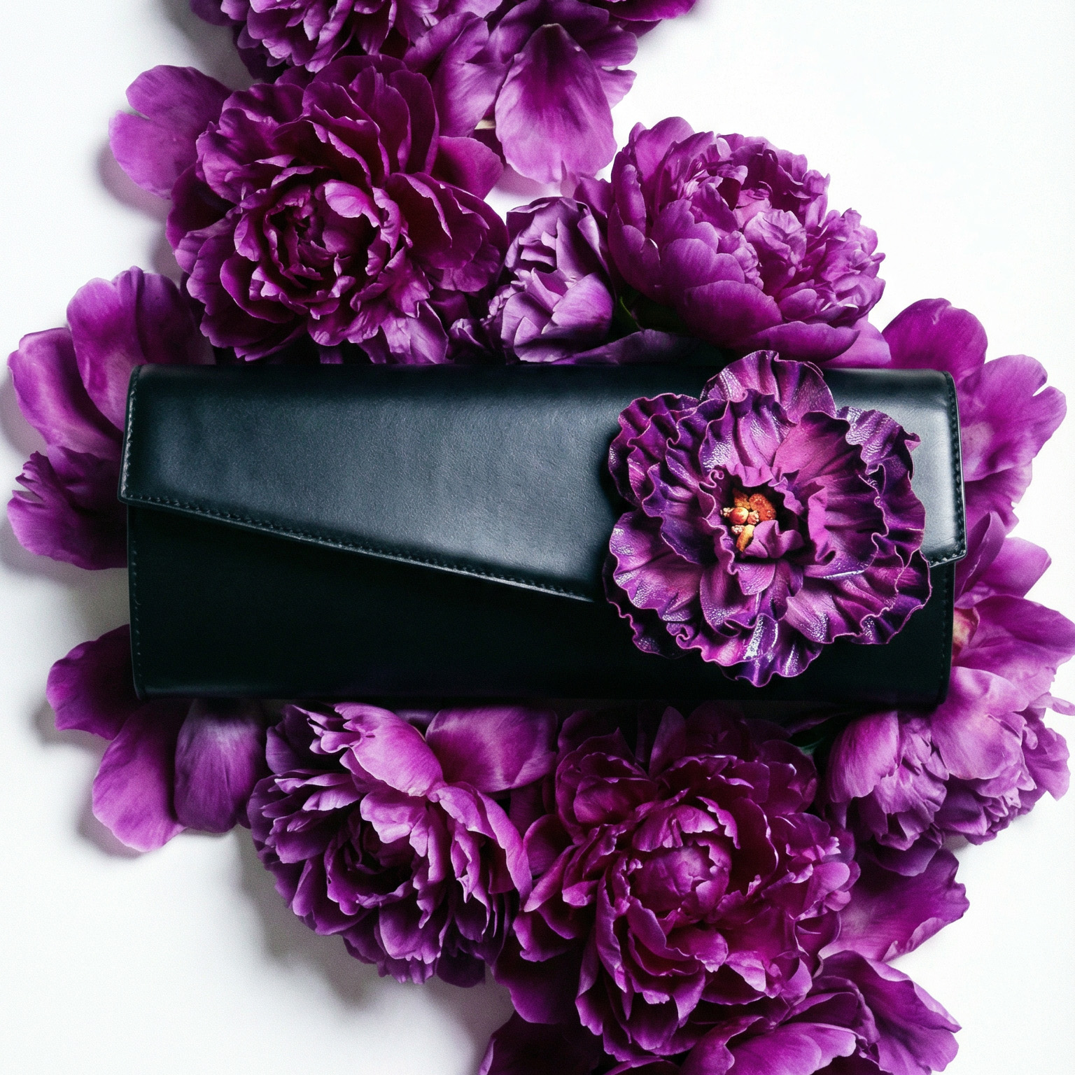 Clutch-Tasche aus Leder, asymmetrisches Modell "Posy" in schwarz mmit lila Pfingstrose in einem Arrangement aus lila Blumen