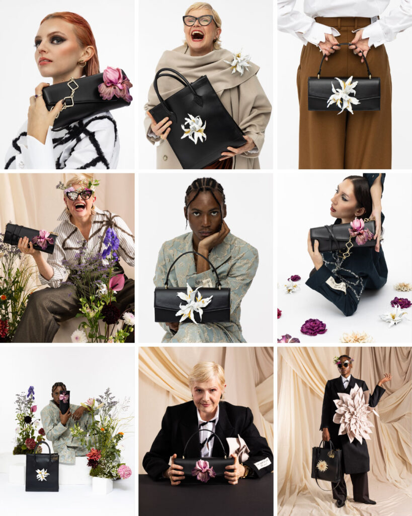 Elegante Lederhandtaschen in schwarz mit wechselbaren Blumen aus als Collage mit verschiedenen Models