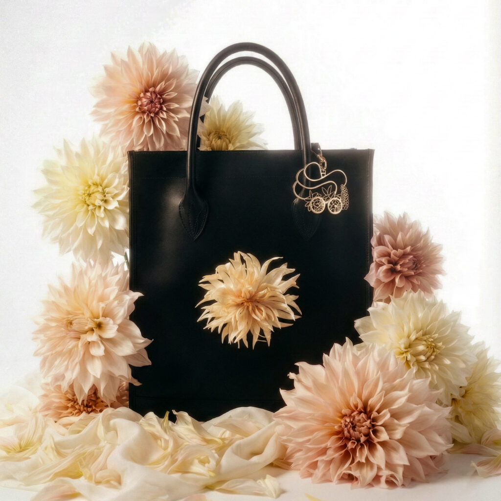 Shopper-Tasche aus schwarzem Leder mit cremefarbener Dahlienblume aus Leder auf der Vorderseite, umgeben von weiteren Dahlien